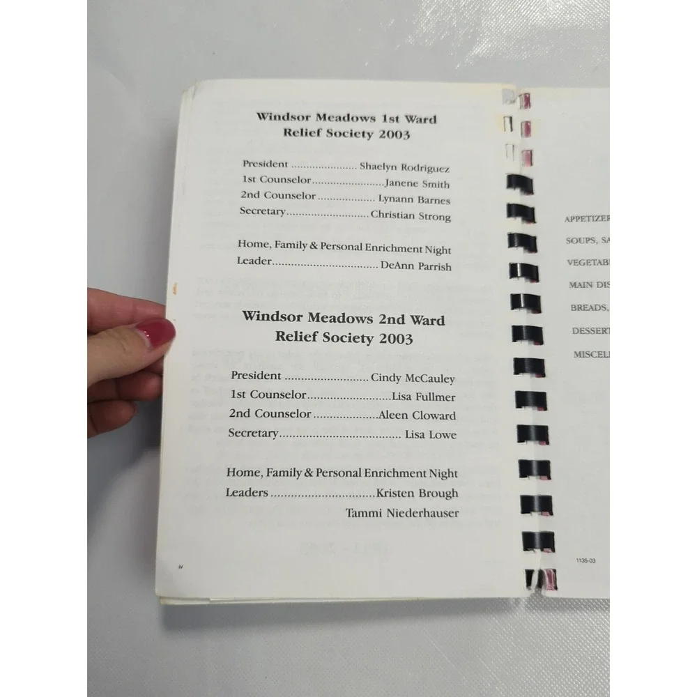 Windsor Meadows‎ Relief Society 1st 2nd Wards Cookbook LDS Mormon Spiral 2003